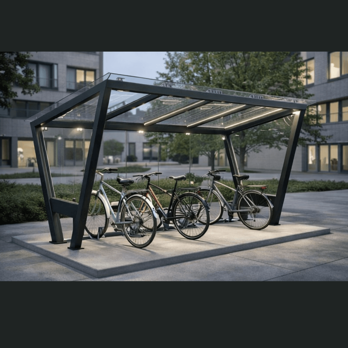 Adăpost biciclete — structură oțel + sticlă securizată
