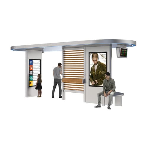 Stație de autobuz contemporană cu perete decorativ și lightbox publicitar