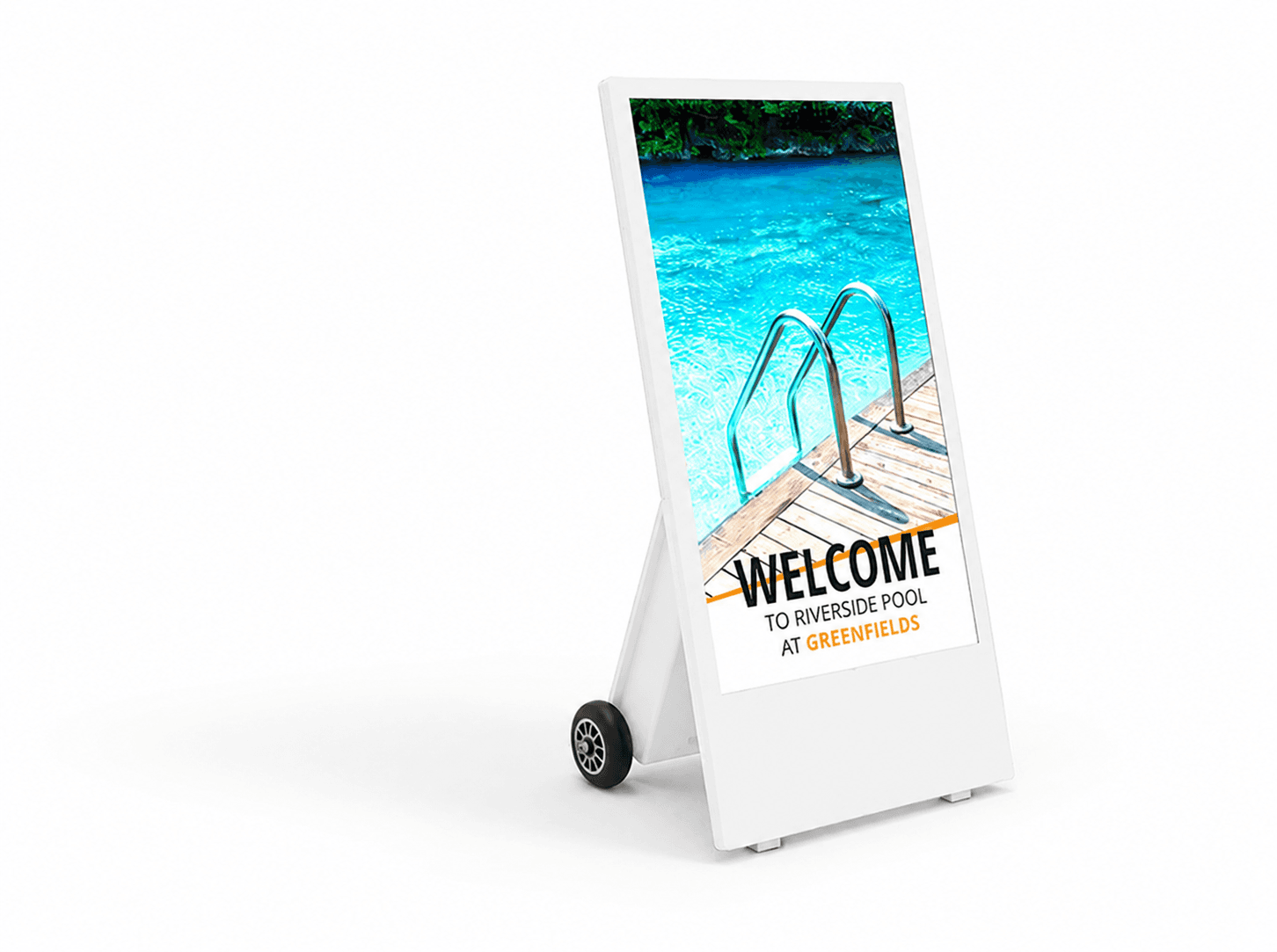 Stand publicitar A-Board Digital Outdoor 43” ALSEE cu baterie, 700 cd/m², Android 14, IP65, rezistent la temperaturi rid