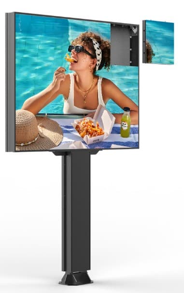 Panou publicitar LED exterior 2 fețe – ecran LED + poster, 5000 cd/m², contrast 5000:1, pixel pitch 5.0 mm,vizibil 3x2 m